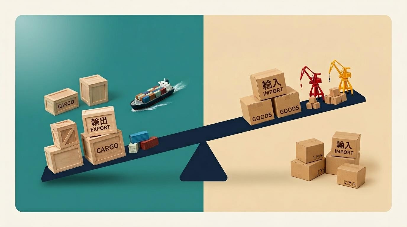 輸出企業と輸入企業の損益構造に為替が与える影響を対比的に示した編集ビジュアル